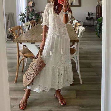 Women’s Midi Dress – Relaxed Fit – V-Neck – Short Sleeve – Tiered Tassel Detail – Lace Trim