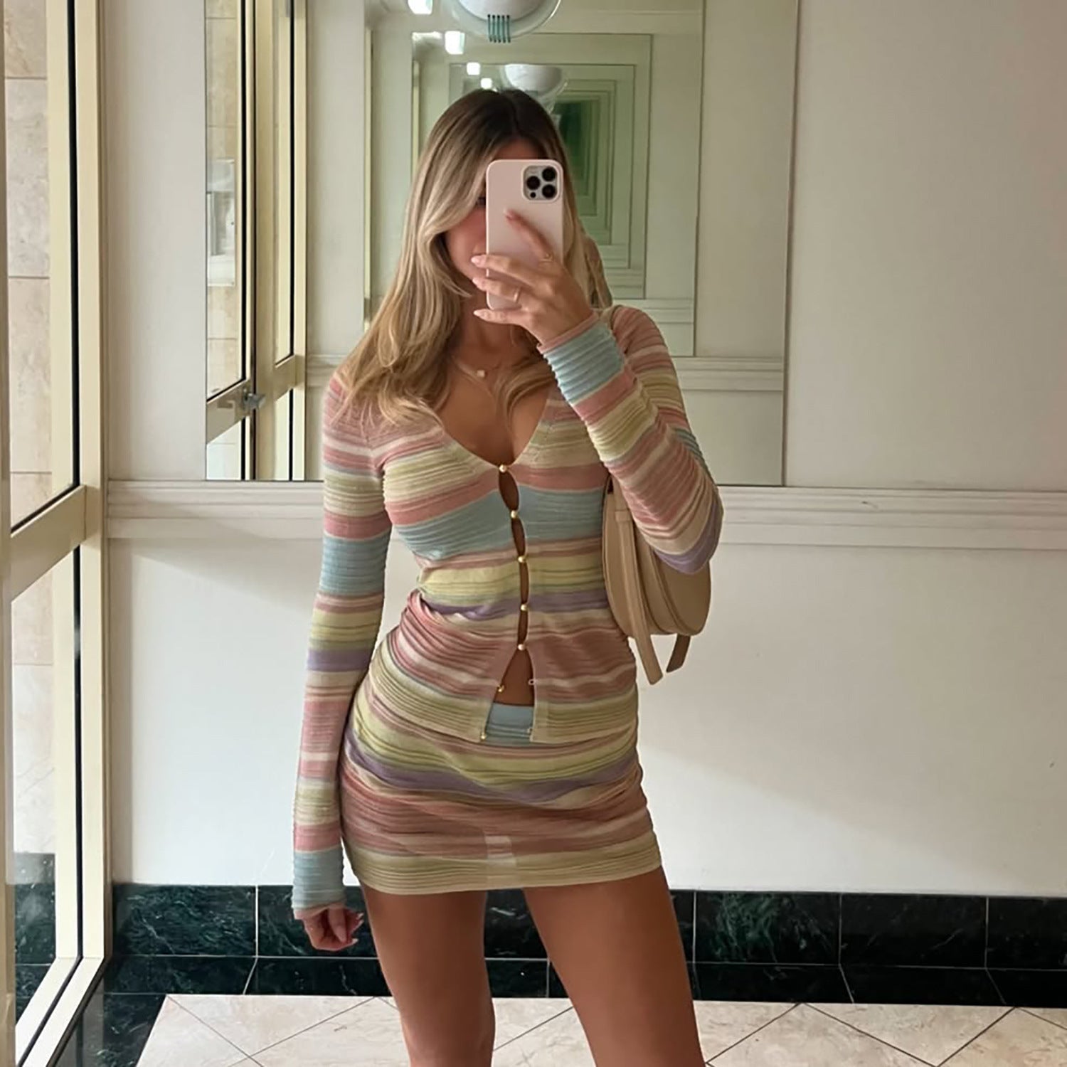 Women’s Knit Cardigan and Skirt Set – Slim Fit – Cropped Top – Mini Length Duo