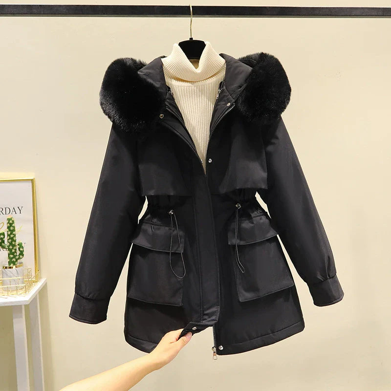 Women’s Parka Jacket – Mid-Length – Quilted Lined – Faux Fur Hood – Drawstring Waist