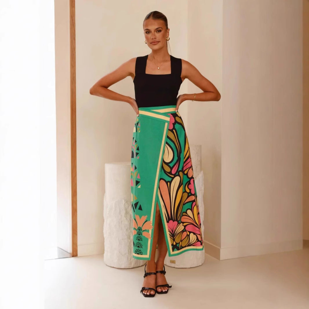 Women’s Midi Skirt – Slim Fit – High Waist – Front Slit – Abstract Print – Breathable Fabric