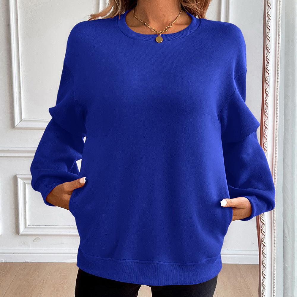 Women’s Sweatshirt – Loose Fit – Cotton Blend – Round Neck – Long Sleeve – Side Pockets