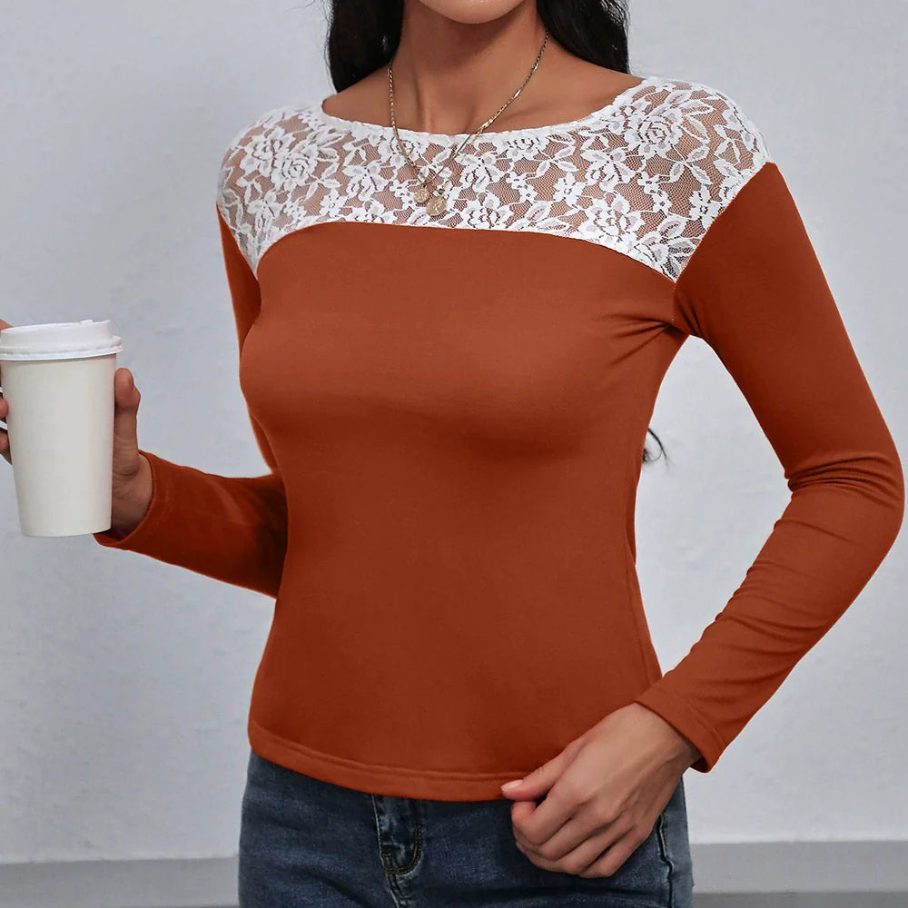 Women’s Long Sleeve T-shirt – Slim Fit – Lace Detail – Round Neck – Stretch Fabric