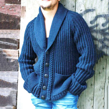 Men’s Cardigan Sweater – Wool Knit – Relaxed Fit – Shawl Collar – Button Front
