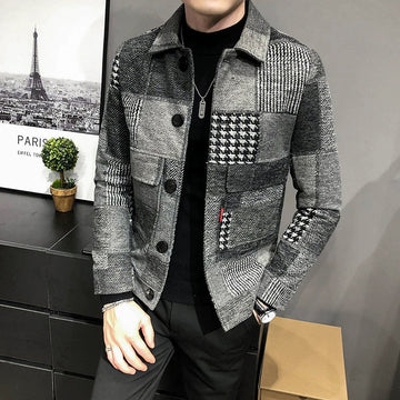 Men’s Wool Jacket – Slim Fit – Plaid Patchwork – Button-Up – Chest Pockets