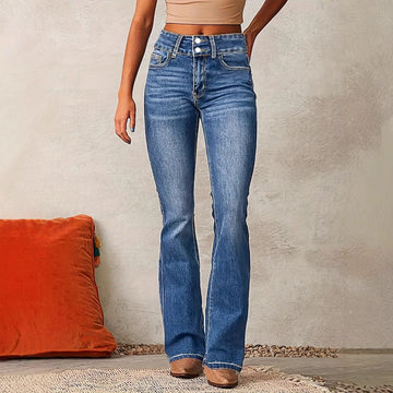 Women’s Flared Jeans – High Waist – Stretch Denim – Retro Fit – Full Length Casual Wear