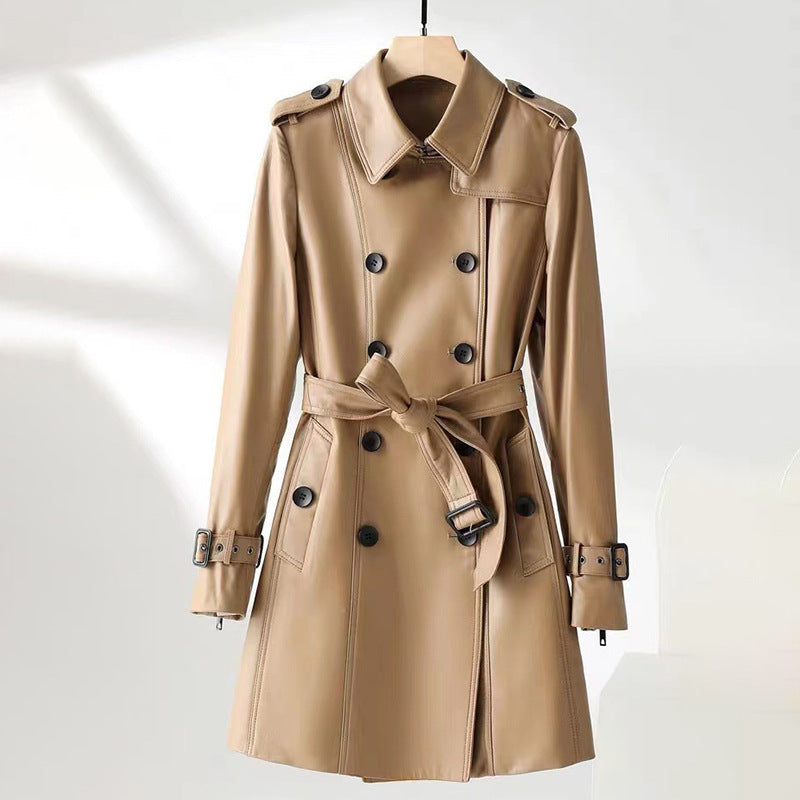 Vintage belted leather trench coat for women