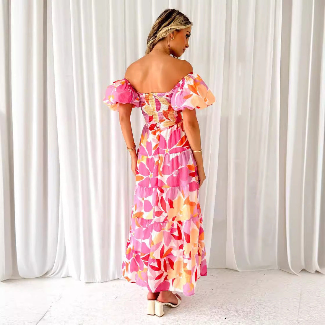 Women’s Maxi Dress – Off-Shoulder – Puff Sleeve – Smocked Waist – Flowy Cotton Blend