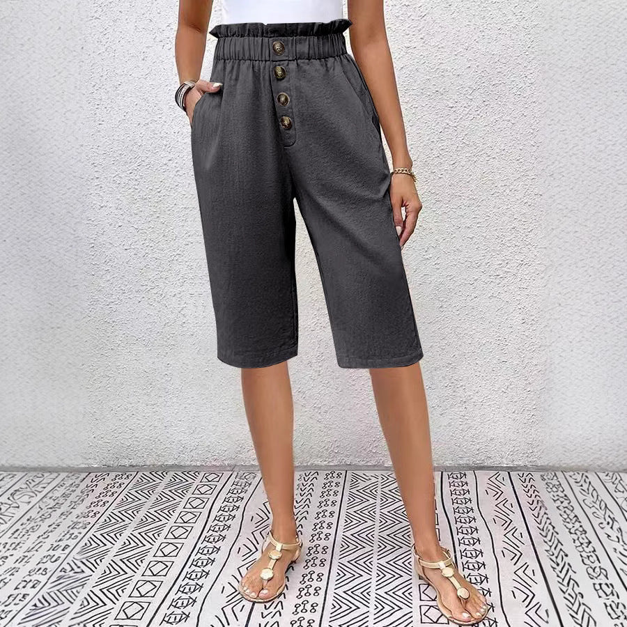 Women’s Knee-Length Shorts – High Waist Paperbag Style – Lightweight Linen – Relaxed Fit