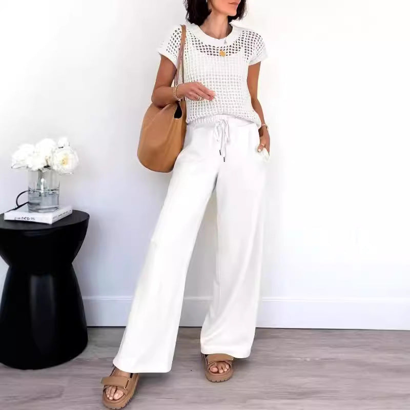 Women’s Two-Piece Set – Open-Knit Short Sleeve Top – Wide-Leg Trousers – Relaxed Fit