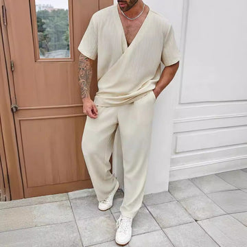 Men’s Casual Set – Relaxed Fit – V-Neck Short Sleeve Top – Lightweight Full-Length Pants