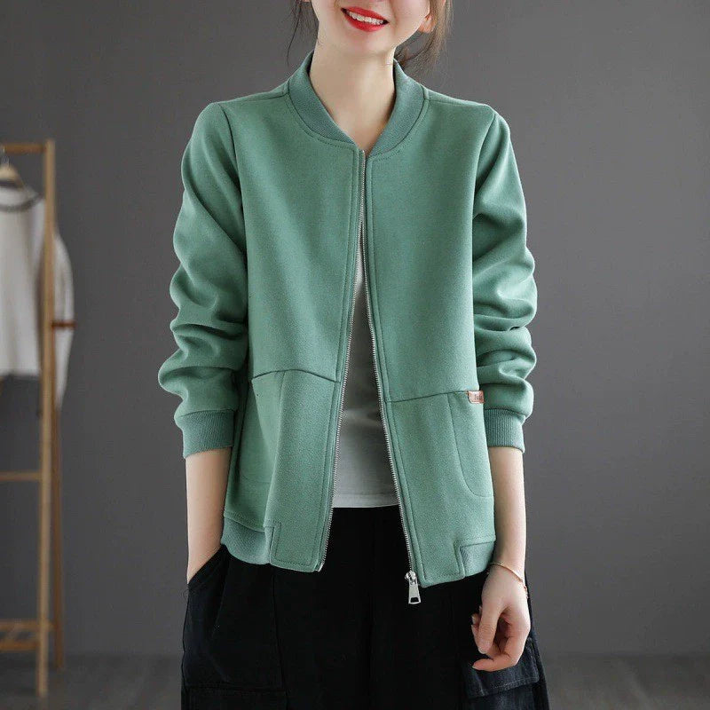Women’s Baseball Jacket – Relaxed Fit – Ribbed Trim – Full Zip – Side Pockets – Hip Length