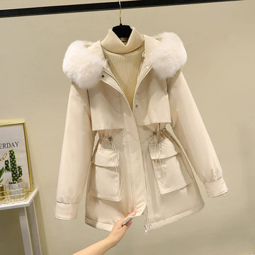 Women’s Parka Jacket – Mid-Length – Quilted Lined – Faux Fur Hood – Drawstring Waist