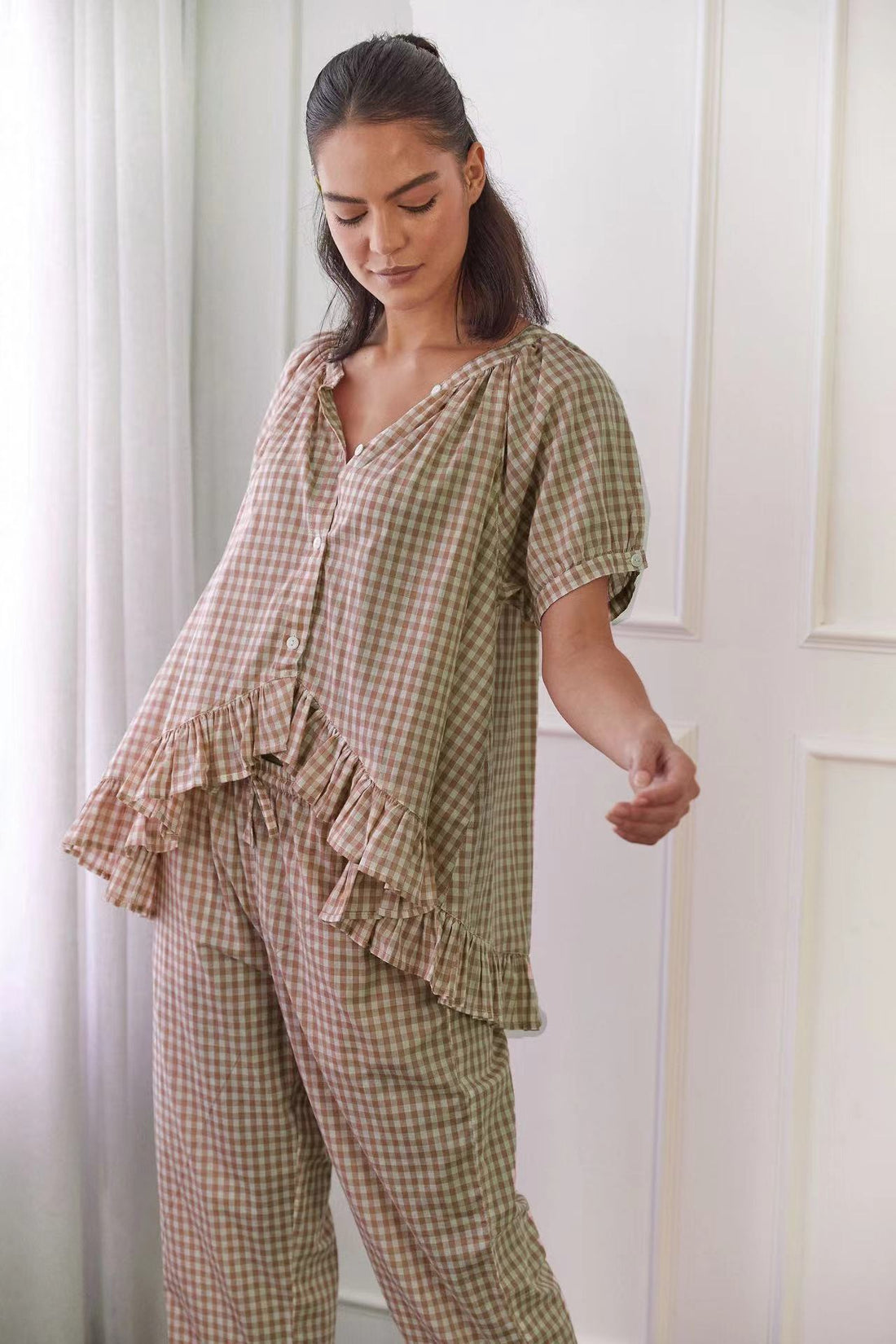 Women’s Shirt and Pant Set – Lightweight Cotton – Relaxed Fit – Ruffle Hem – Checkered