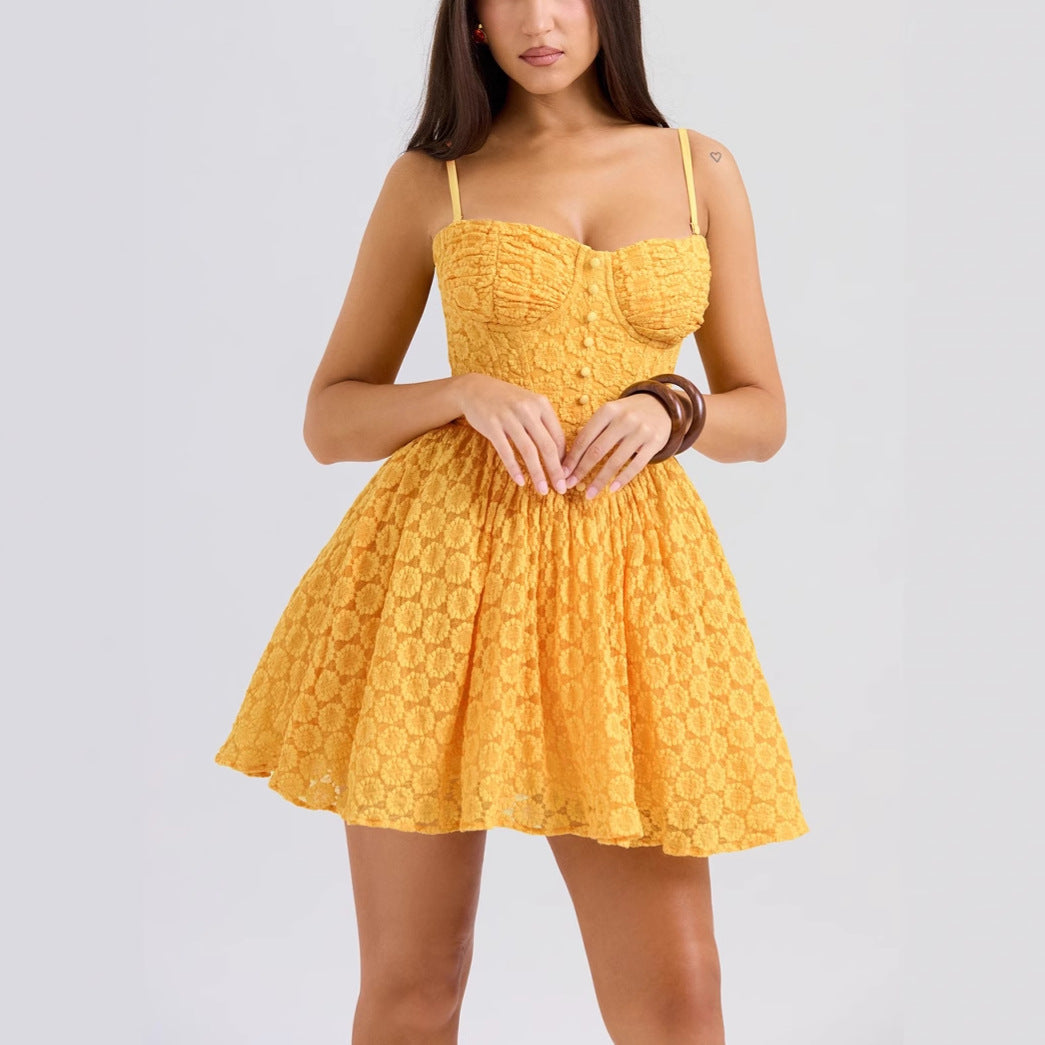 Women’s Mini Dress – Lace Jacquard – A-Line Fit – Spaghetti Straps – Fitted Bodice