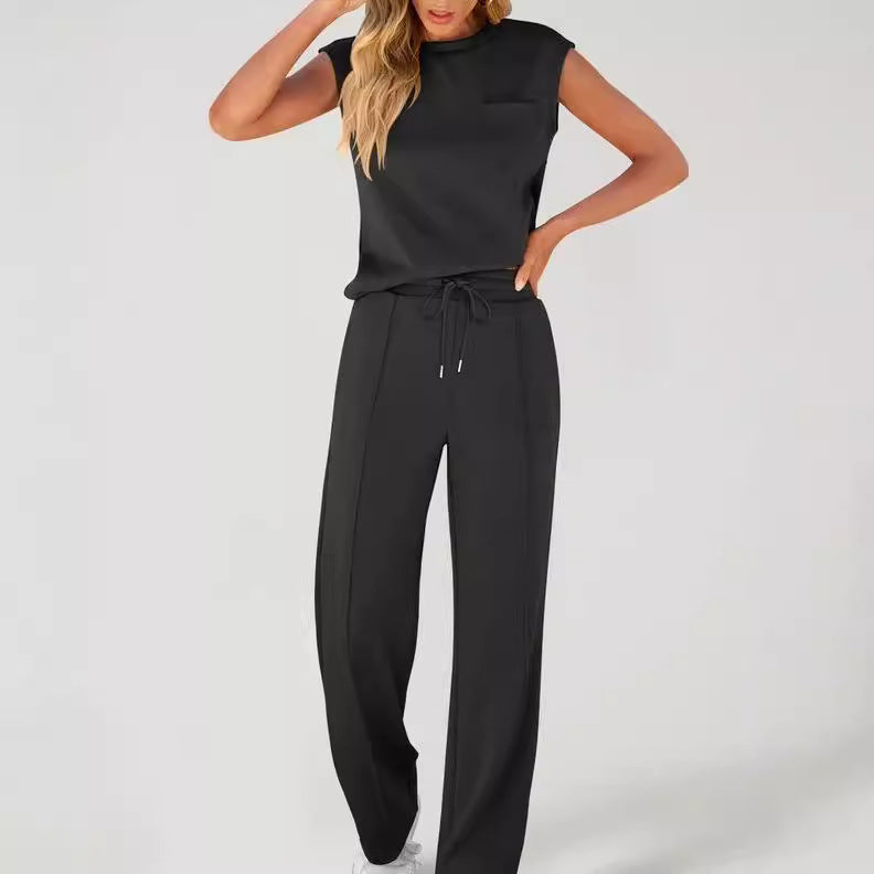 Women’s Two-Piece Set – Sleeveless Top – Full-Length Drawstring Trousers – Relaxed Fit