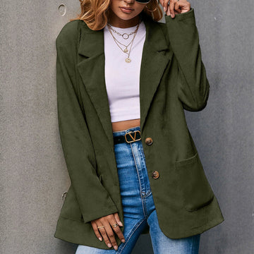 Women’s Blazer – Corduroy – Relaxed Fit – Single-Breasted – Notched Lapel – Hip Length