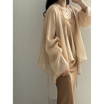 Women’s Cardigan – Sheer Lightweight Fabric – Loose Fit – Bell Sleeve Open Front
