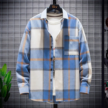 Men’s Button-Up Shirt – Loose Fit – Long Sleeve – Plaid Cotton Casual Wear