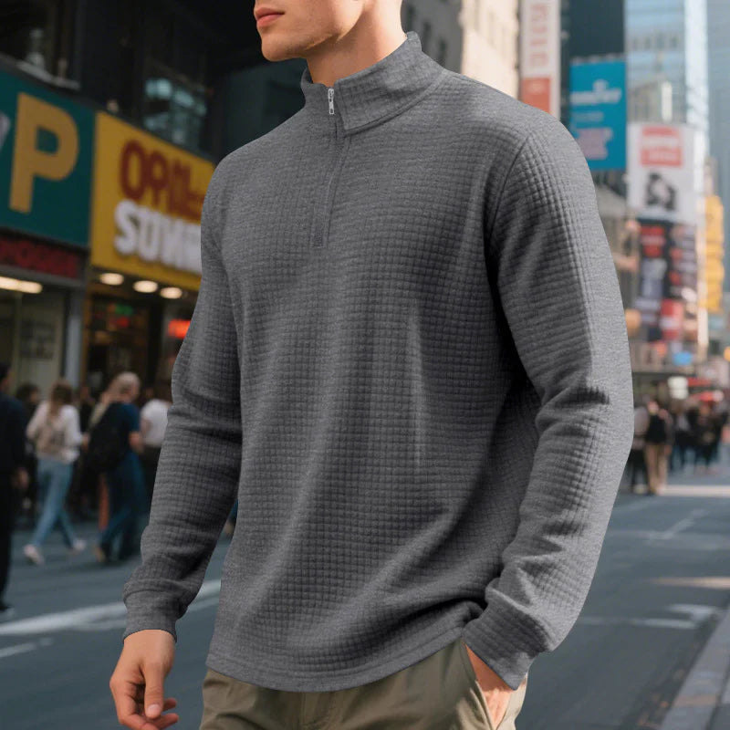 Men’s Sweater – Regular Fit – Quilted Knit Texture – Stand Collar – Quarter Zip