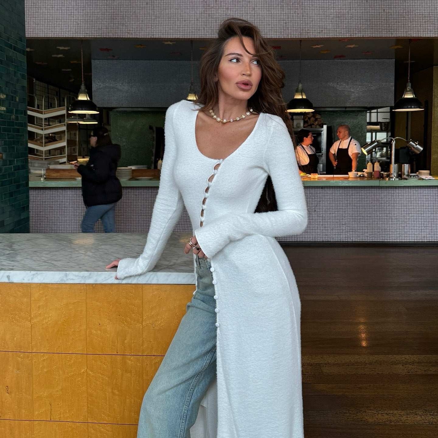 Women’s Knit Cardigan – Slim Fit – Plush Fabric – Button Front – Maxi Length