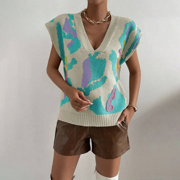 Women’s Knitted Vest – Loose Fit – V-Neck – Jacquard Pattern – Ribbed Hem
