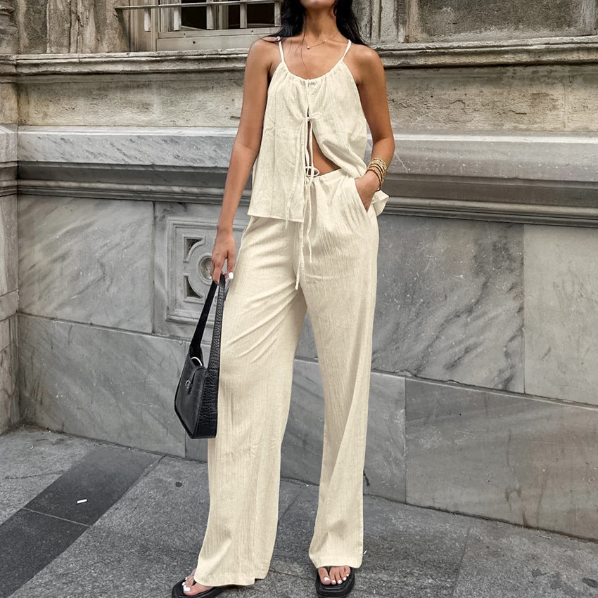 Women's Two-Piece Set - Halter Tie-Front Top & High-Waist Wide-Leg Pants - Casual Fit