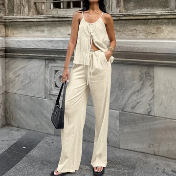 Women's Two-Piece Set - Halter Tie-Front Top & High-Waist Wide-Leg Pants - Casual Fit