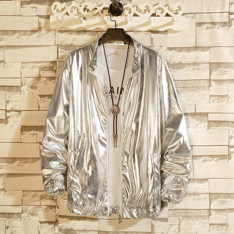Men’s Streetwear Jacket – Glossy Finish – Loose Fit – Collarless Zip-Up – Elastic Trim