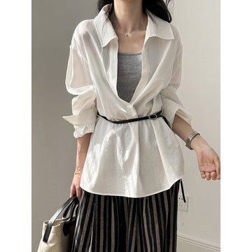 Women’s Blouse Set – Relaxed Fit – Lightweight Fabric – Belted Waist – Lapel Collar