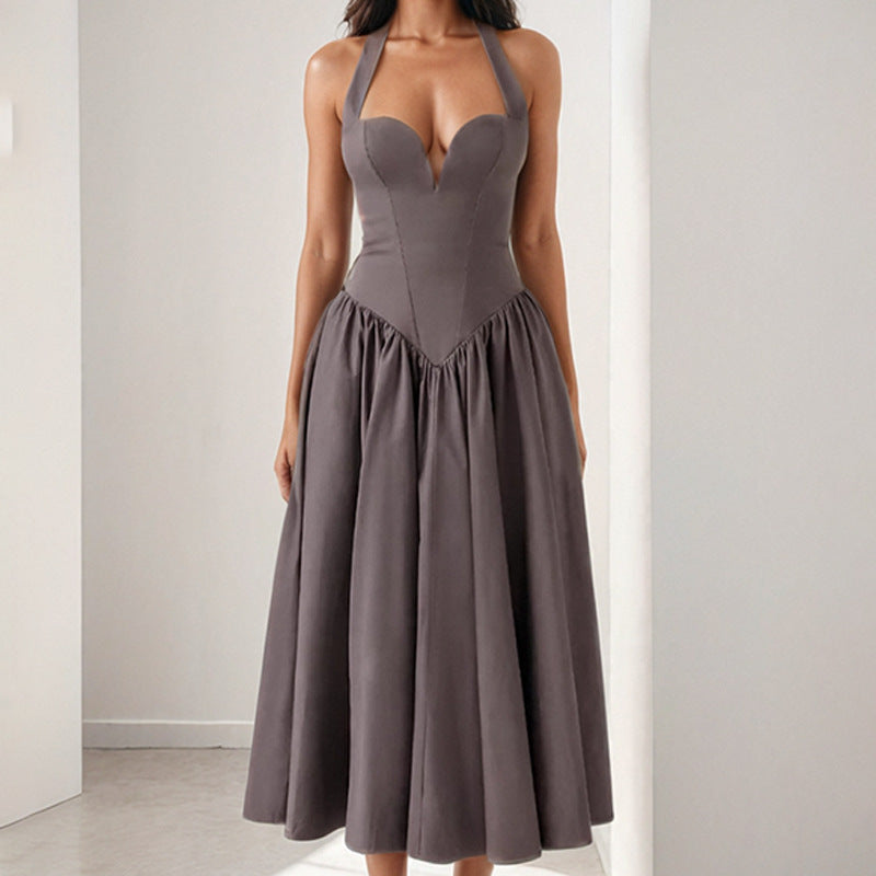 Women’s Halter Midi Dress – Satin Feel – A-Line Fit – Open Back – Sweetheart Neckline