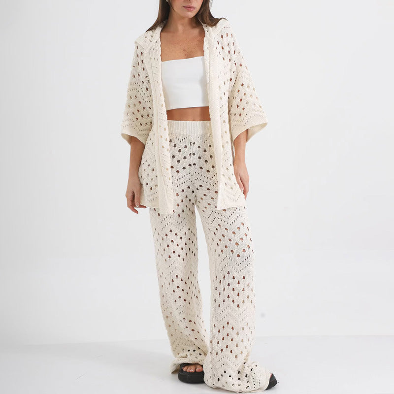 Women’s Two-Piece Knit Set – Relaxed Short Sleeve Top – High Waist Wide Leg Trousers