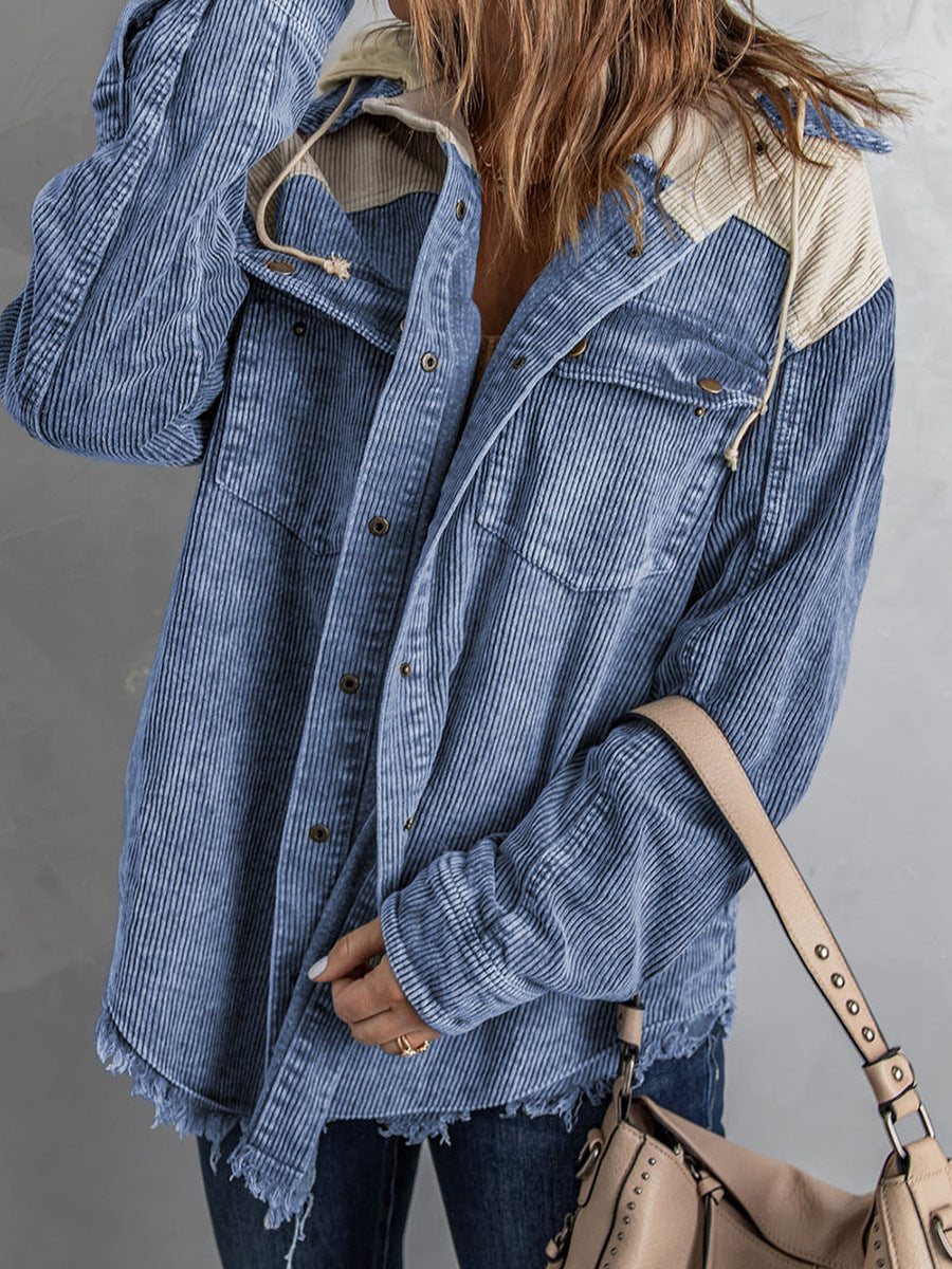 Women’s Hooded Jacket – Corduroy – Oversized Fit – Button Front – Frayed Hem Casual