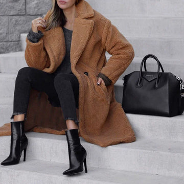 Women’s Long Coat – Oversized Relaxed Fit – Plush Texture – Notched Lapel – Full Length
