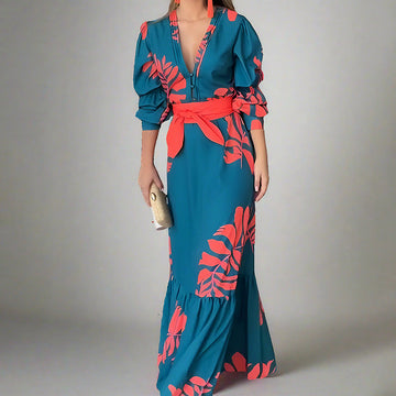 Women’s Maxi Dress – V-Neck – Puff Sleeve – Belted Waist – Bold Print – Elegant Fit