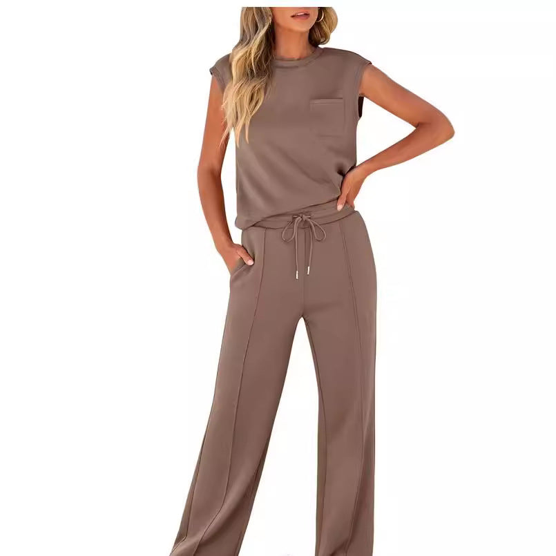 Women’s Two-Piece Set – Sleeveless Top – Full-Length Drawstring Trousers – Relaxed Fit