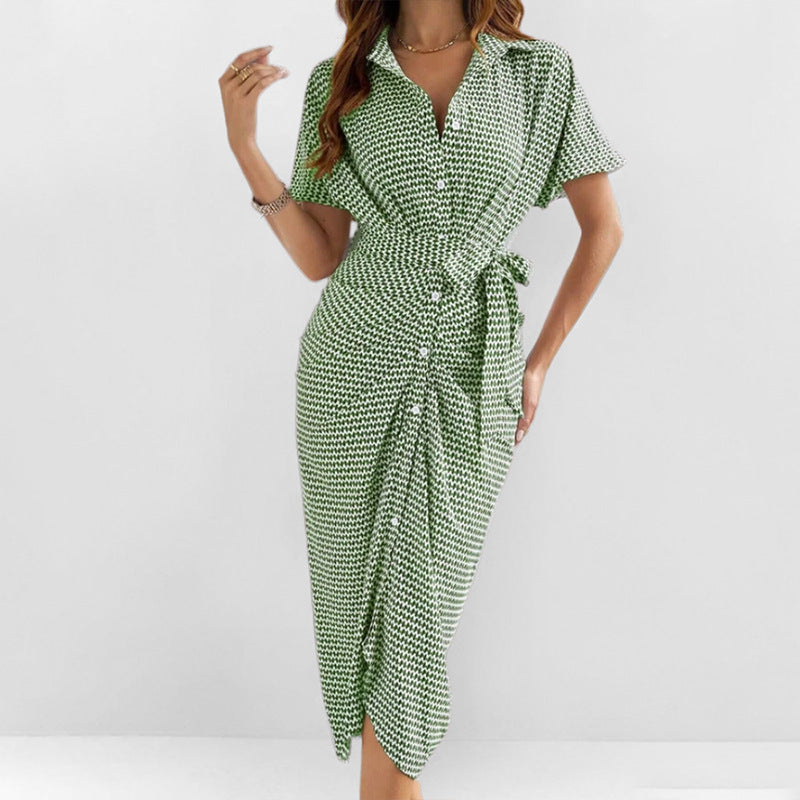 Women’s Wrap Dress – V-Neck Midi – Short Sleeve – Fitted Waist Tie – Lightweight Fabric
