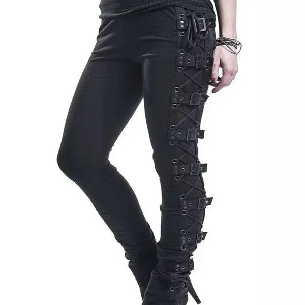 Women’s Skinny Pants – Stretch Faux Leather – Side Lacing with Buckle Straps – Full Length