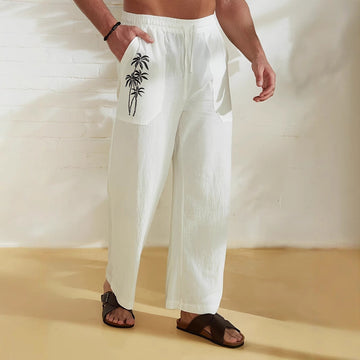 Men’s Wide-Leg Trousers – Relaxed Fit – Breathable Cotton Feel – Palm Tree Print – Drawstring Waist