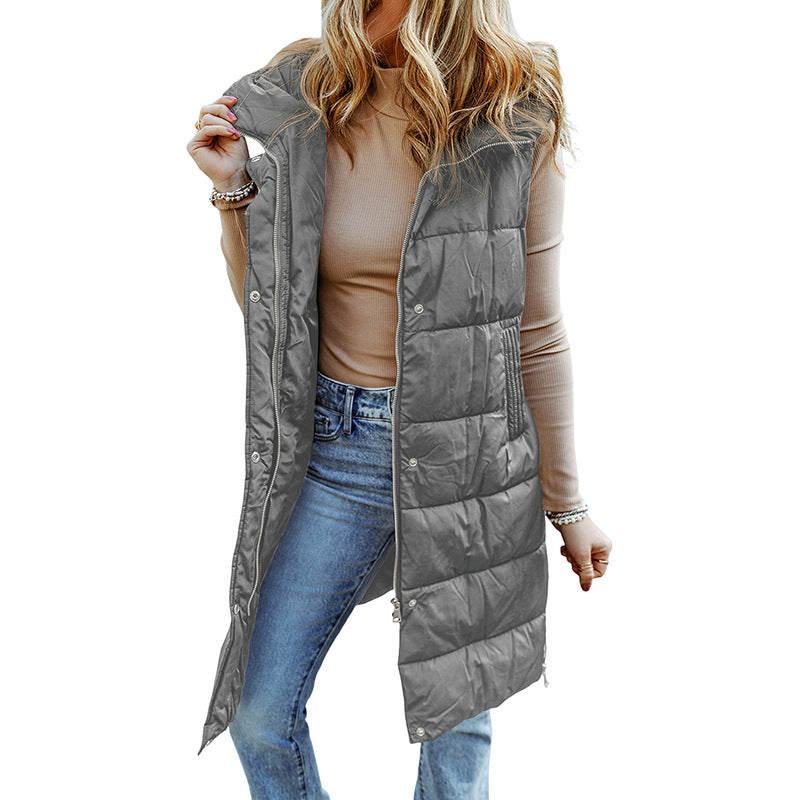 Women’s Long Vest – Quilted Hooded Design – Relaxed Fit – Sleeveless Zip Outerwear