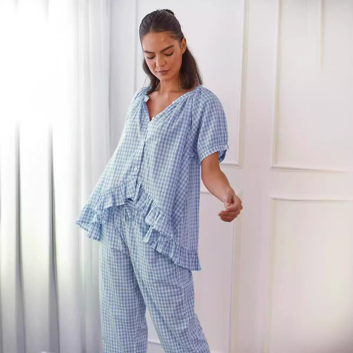 Women’s Shirt and Pant Set – Lightweight Cotton – Relaxed Fit – Ruffle Hem – Checkered