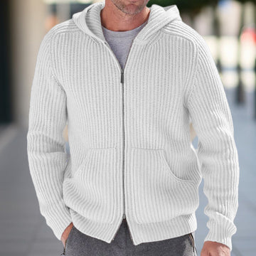 Men’s Hooded Knit Cardigan – Relaxed Fit – Ribbed Texture – Open Front – Long Sleeve