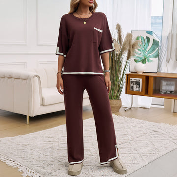 Women’s Lounge Set – Knit Fabric – Relaxed Fit – Wide-Leg Pants – Contrast Trim