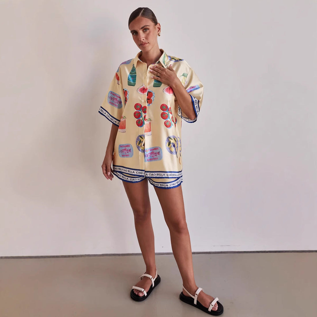 Women’s Lounge Set – Satin Feel – Relaxed Fit – Button-Up Shirt & Drawstring Shorts