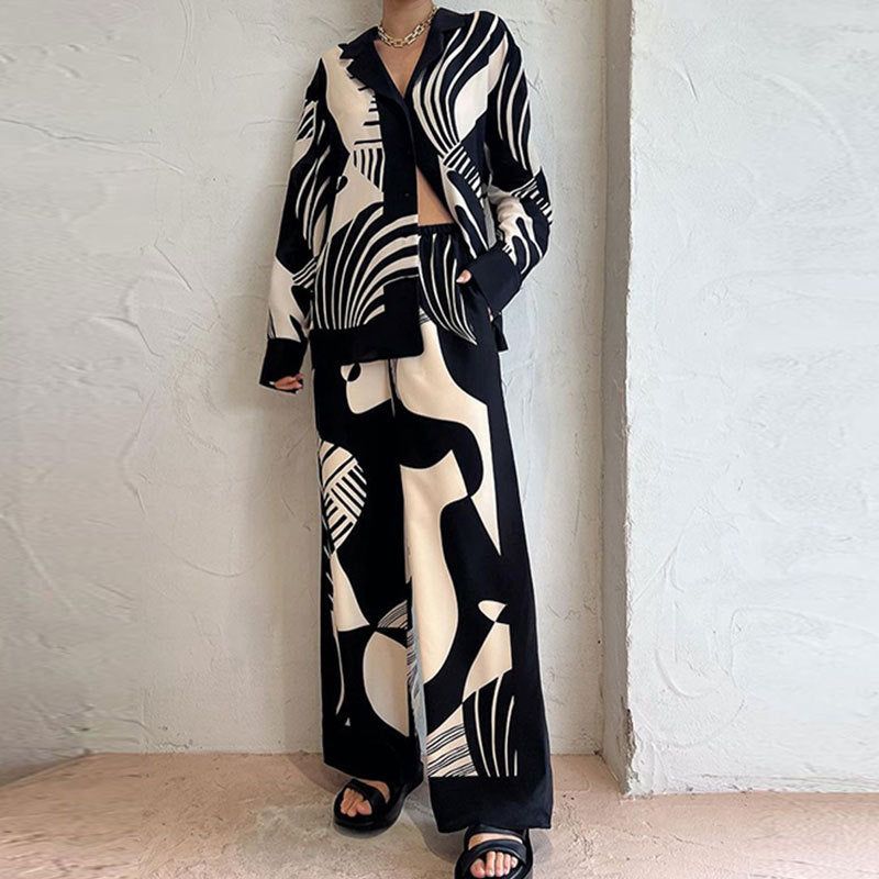 Women’s Matching Set – Button-Up Long Sleeve Top – High-Waist Wide-Leg Trousers – Relaxed Fit
