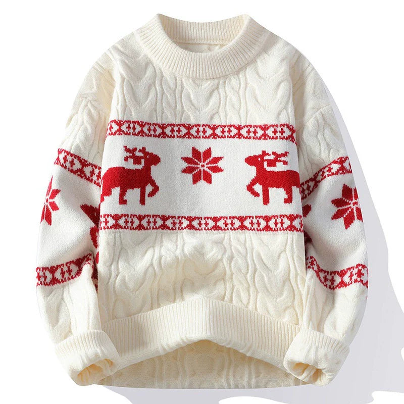 Men’s Knitted Sweater – Wool Blend – Relaxed Fit – Cable Knit with Festive Motifs