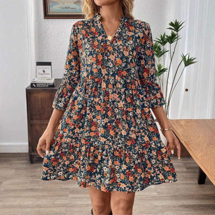Women’s V-Neck Dress – Floral Print – A-Line Fit – 3/4 Flare Sleeve – Cotton Casual Wear