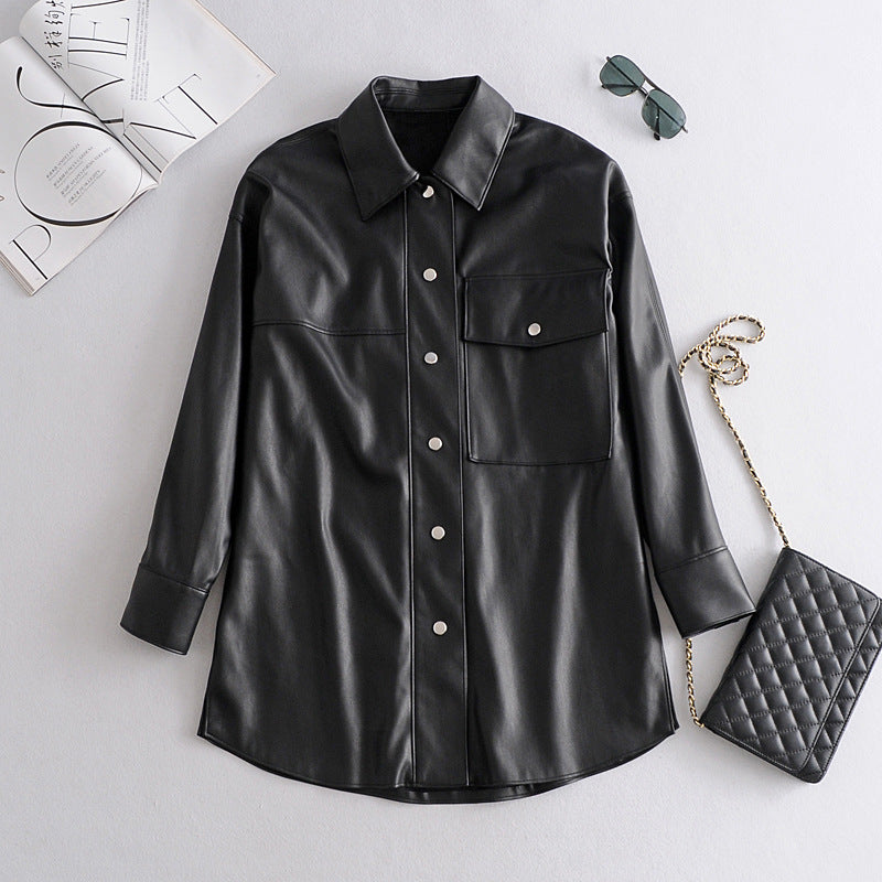 Women’s Shirt Jacket – Loose Fit – Leather-Like Texture – Snap Closure – Mid-Length
