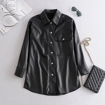 Women’s Shirt Jacket – Loose Fit – Leather-Like Texture – Snap Closure – Mid-Length