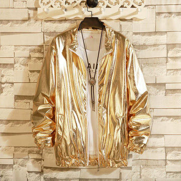 Men’s Streetwear Jacket – Glossy Finish – Loose Fit – Collarless Zip-Up – Elastic Trim