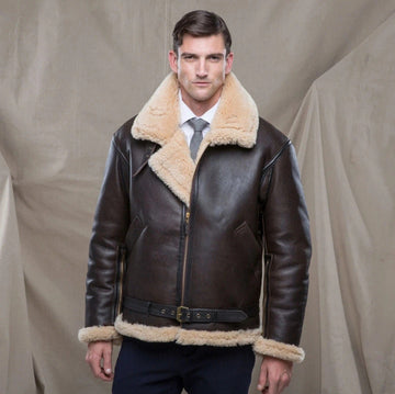Men’s Leather Jacket – Structured Fit – Fur-Lined Collar – Zip Front – Waist Belt